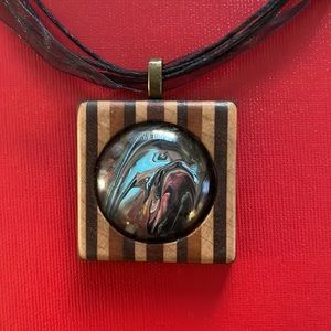 🦋 Acrylic Paint Glass and Wood Multicolor Pendant Handmade Necklace Boho 🦋